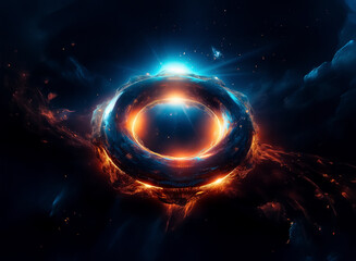 Fototapete - A celestial ring of vibrant orange and blue light dominates a cosmic scene. Nebula clouds and distant stars surround this glowing, abstract, and otherworldly space element.