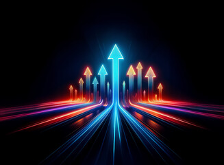 Aufkleber - Glowing arrows ascend against a dark backdrop, radiating vibrant blue and red hues.  Streaking light trails suggest forward momentum and progress.