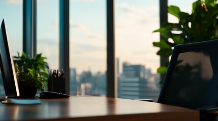 Leinwandbilder - Curved wooden desk and ergonomic chair create a comfortable workspace in a modern office with floor-to-ceiling glass walls overlooking a bustling cityscape
