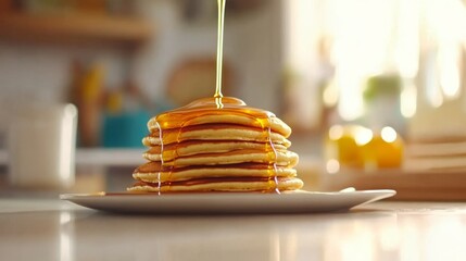 Poster - Fluffy pancakes are generously coated with golden syrup, creating a tempting swirl, set on a cozy breakfast table bathed in warm light