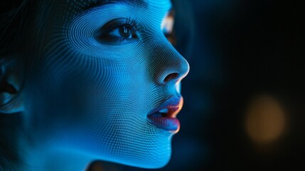 Poster - A woman gazes to the side with her mouth open, immersed in an enchanting blue hue. The surreal atmosphere creates an artistic contrast, evoking mystery and depth in this captivating visual