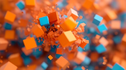 Poster - Abstract 3D blocks in striking orange and blue create a vibrant visual experience, featuring a glowing line that divides the composition and adds depth