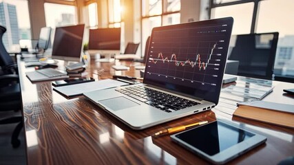 Poster - Person analyzes trading charts on a laptop in a bright office with a sunset view over the city skyline