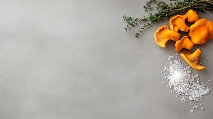 Poster - Single golden chanterelle mushroom rests on a smooth gray stone, accompanied by fresh thyme and scattered sea salt, creating an inviting culinary composition