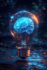 Poster - Glowing light bulb with a digital brain inside symbolizes innovation and AI