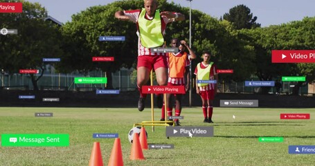 Poster - Training on grassy field, soccer players with digital notifications and animation
