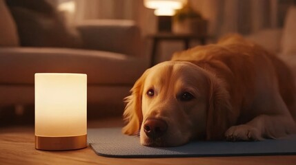 Aufkleber - A golden retriever lies comfortably on a pastel blue yoga mat in a warm living room, with light from a nearby lamp creating a serene vibe around it
