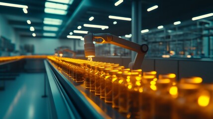 Poster - A robotic arm is filling supplement bottles on a production line, illuminated by bright fluorescent lights in a pharmaceutical facility, showcasing advanced automation