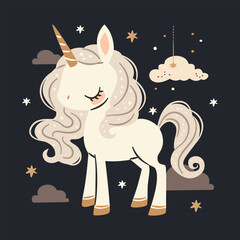Wall Mural - Flat vector illustration in a simple children's style. Cute unicorn on dark background with stars and clouds, print for printing on children's products . Vector illustration