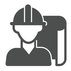 Poster - Architect man project paper solid icon, architect studio concept. Vector graphics. Construction worker with project plan sign on white background, glyph style icon for mobile or web design.
