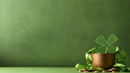 Poster - A vibrant arrangement features a large shamrock cutout and a golden pot filled with faux coins, all set against a bright lime backdrop for a festive effect