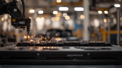 Poster - Robotic arm actively assembles a car's suspension system, emitting sparks in a modern factory with high-tech machinery and ample workspace