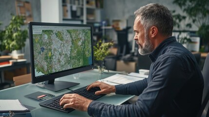 Aufkleber - A businessman is deeply focused on analyzing map data displayed on his computer in a modern office. Surrounding him are spreadsheets and graphs for analysis