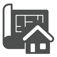 Poster - Building layout paper and house solid icon, architect studio concept. Vector graphics. Project plan of cottage house sign on white background, glyph style icon for mobile or web design.