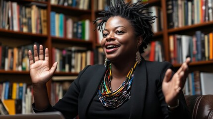 Aufkleber - A young woman joyfully interacts with colleagues during a virtual meeting while seated in her cozy home office surrounded by bookshelves filled with books