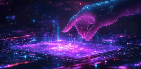 Fototapete - Futuristic Hand Interacting with a Digital Holographic Interface in Neon Colors
