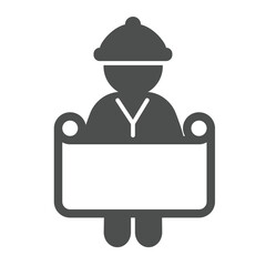 Poster - Architect man with project paper solid icon, construction concept. Vector graphics. Worker and project plan sign on white background, glyph style icon for mobile or web design.