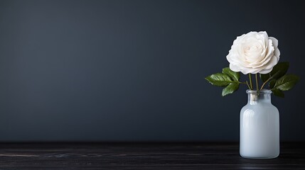 Aufkleber - A single white rose rests gracefully in a frosted glass vase atop a dark wooden table, surrounded by a calm gray backdrop that enhances its elegance