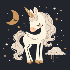 Wall Mural - Flat vector illustration in a simple children's style. Cute unicorn on dark background with stars and clouds, print for printing on children's products . Vector illustration