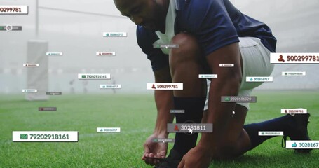 Poster - Tying shoelaces on field, athlete with animation data tags overlaying scene