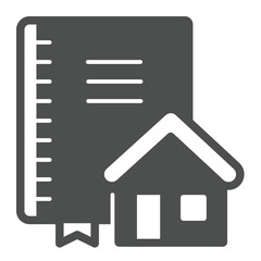 Poster - Architect notebook and house solid icon, architect studio concept. Vector graphics. Notepad with cottage building sign on white background, glyph style icon for mobile or web design.