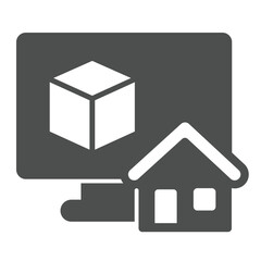 Fototapete - Monitor with 3D square and house solid icon, architect studio concept. Vector graphics. Display with 3D building program sign on white background, glyph style icon for mobile or web design.
