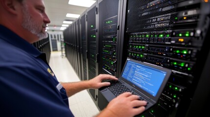 Aufkleber - Technician works diligently on a laptop in a server room, typing swiftly as green and blue LED lights create a vibrant atmosphere in the background