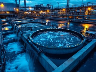 Poster - Illuminated wastewater treatment facility at night