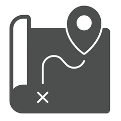 Poster - Route map and location pin solid icon, marine navigation concept. Vector graphics. Map paper with geolocation sign on white background, glyph style icon for mobile or web design.