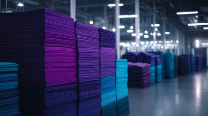 Fototapete - Neatly stacked yoga mats transition from purple to teal, creating a calming effect in a spacious studio filled with natural light and large mirrors