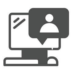 Poster - Computer with user message solid icon, remote work concept. Vector graphics. Monitor, display and popup window sign on white background, glyph style icon for mobile or web design.
