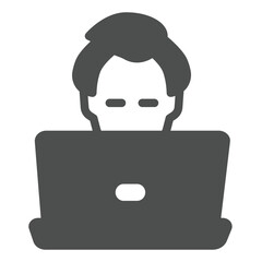 Poster - Freelancer guy with laptop solid icon, remote work concept. Vector graphics. Man, person and computer sign on white background, glyph style icon for mobile or web design.