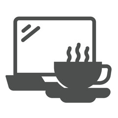 Fototapete - Coffee cup and laptop solid icon, remote work concept. Vector graphics. Time to relax, coffee break sign on white background, glyph style icon for mobile or web design.
