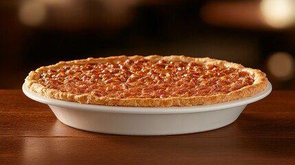 Aufkleber - This close-up shows a homemade pecan pie resting on a rustic wooden surface, highlighting its caramelized nuts under warm, inviting light with a festive feel