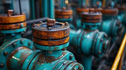 Poster - Rusted pumps and valves connect through intricate pipeline systems, symbolizing the essential operations of a refinery plant. The focus on equipment highlights industrial efficiency and technology