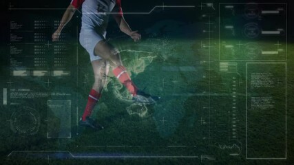 Poster - Kicking soccer ball on grassy field, player with animation digital data overlay