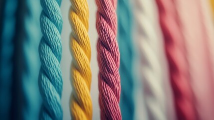 Fototapete - A close-up view of colorful ropes intertwined, representing strength and unity, placed against a softly blurred background, creating depth and focus