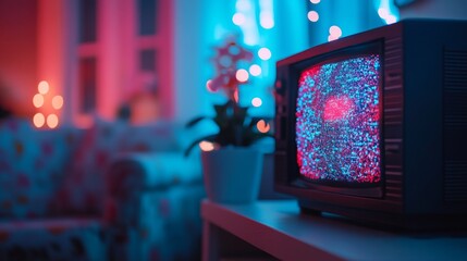 Poster - In a cozy pastel living room, a vintage TV flickers with static, surrounded by floral patterns, an old armchair, and soft decorative lighting