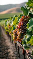 Poster - As golden sunlight spills across a thriving vineyard, ripe clusters of grapes dangle from verdant vines, promising a bountiful harvest. The warm air carries the fragrance of earth and fruit