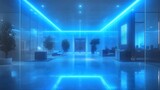 Futuristic office scene rendered in vibrant digital composition with animated blue neon lighting and minimalist design employing crisp animatic techniques for next-generation generative visuals