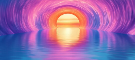 Poster - Vivid Neon Abstract Tunnel with Flowing Lines of Blue, Purple, Pink, and Orange, Reflective Floor