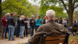 © Alla - Elderly man observing a group of people at a park gathering - International Day for the Dissemination of Information about Albinism