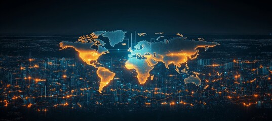 Poster - Global Network Connections with Illuminated World Map, Data Visualization of Worldwide Activity