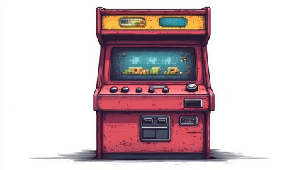 Red arcade cabinet with a screen showing a blocky game, buttons below