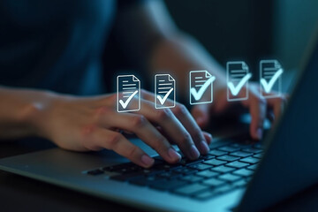 Poster - Businessman checking the steps through document with a list of checkboxes , regulations,Concepts of practices and policies ,Rules and policies ,Terms and conditions ,corporate governance documents.