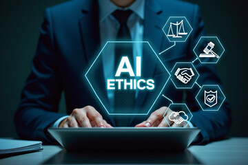Fototapete - AI ethics or AI law concept. Businessman with AI ethics icon on virtual screen for compliance, regulation, standard, business policy, and responsibility.