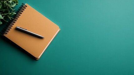 Poster - Bright pastel school supplies encircle a neatly closed notebook with a pen laid across the top, creating an inviting workspace on a turquoise background