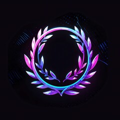 Wall Mural - neon laurel wreath: a vibrant digital artwork of a glowing laurel wreath in neon pink and blue hues,