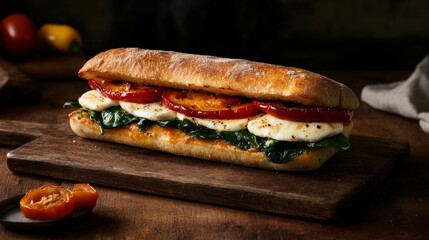 Poster - Delicious focaccia sandwich featuring layers of roasted peppers, mozzarella, and spinach, beautifully lit with natural light from a nearby window