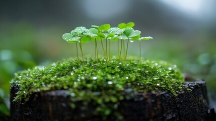 Aufkleber - A young sapling with vibrant green leaves breaks through a moss-covered tree stump, glistening with dewdrops in the soft morning light, evoking a sense of renewal